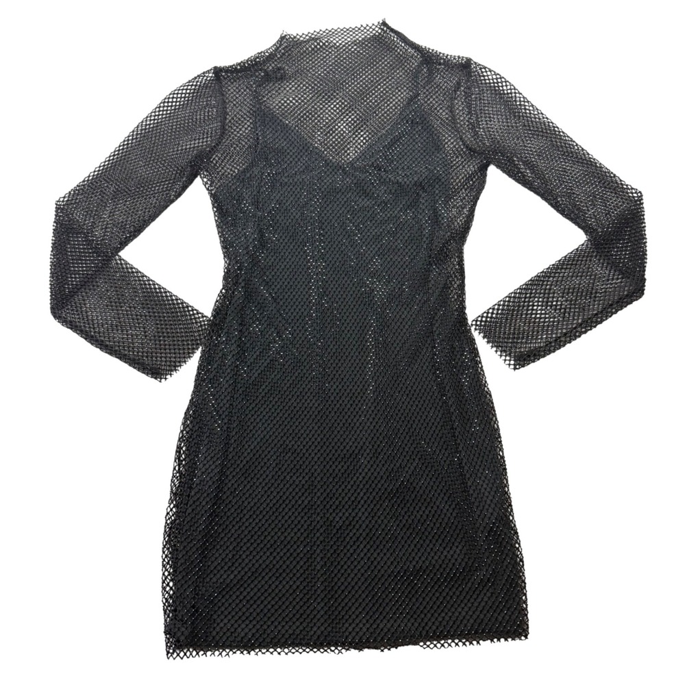 Express Mesh Beaded Mini Dress Womens XS Black Excellent Long Sleeve Mock Neck‎